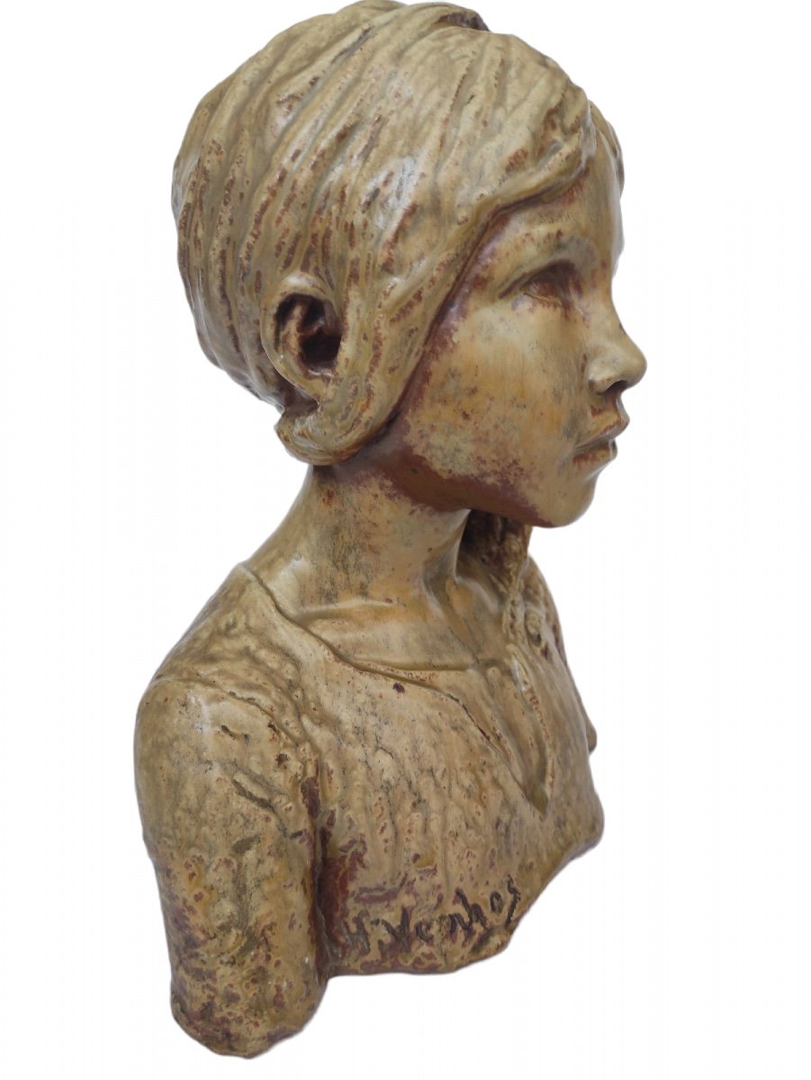 Bust Of Young Girl In Sandstone. Dated Sign.  H Vernhes Sculptor & Paul Jeanneney. 1909. Puisaye Sandstone-photo-2