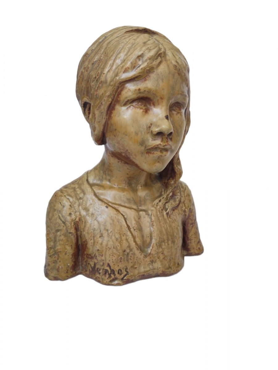 Buste De Jeune Fille En Grès. Signé daté H Vernhes Sculpteur &  Paul Jeanneney. 1909. Grès De Puisaye