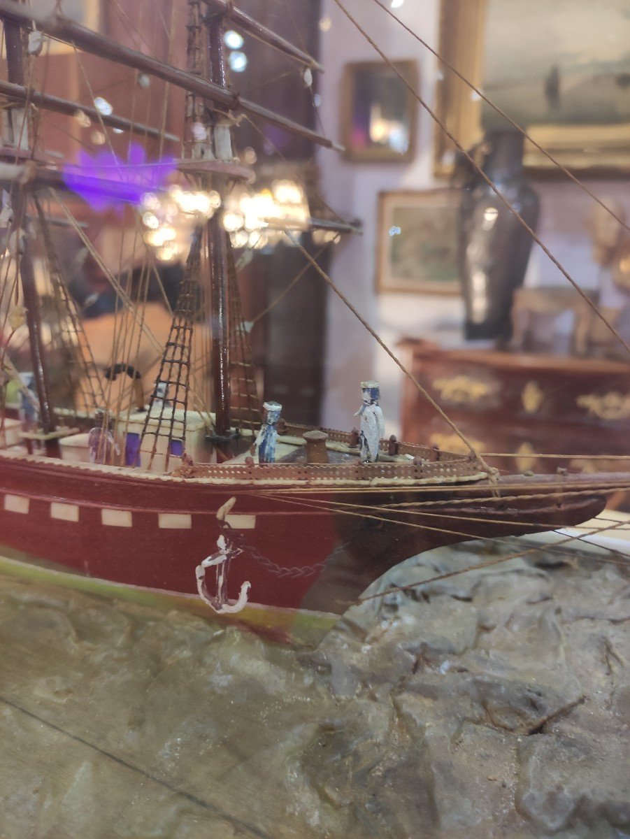 Barque Four-masted Boat Model With Sailors. Original Showcase. Diorama Late 19th Century.-photo-4