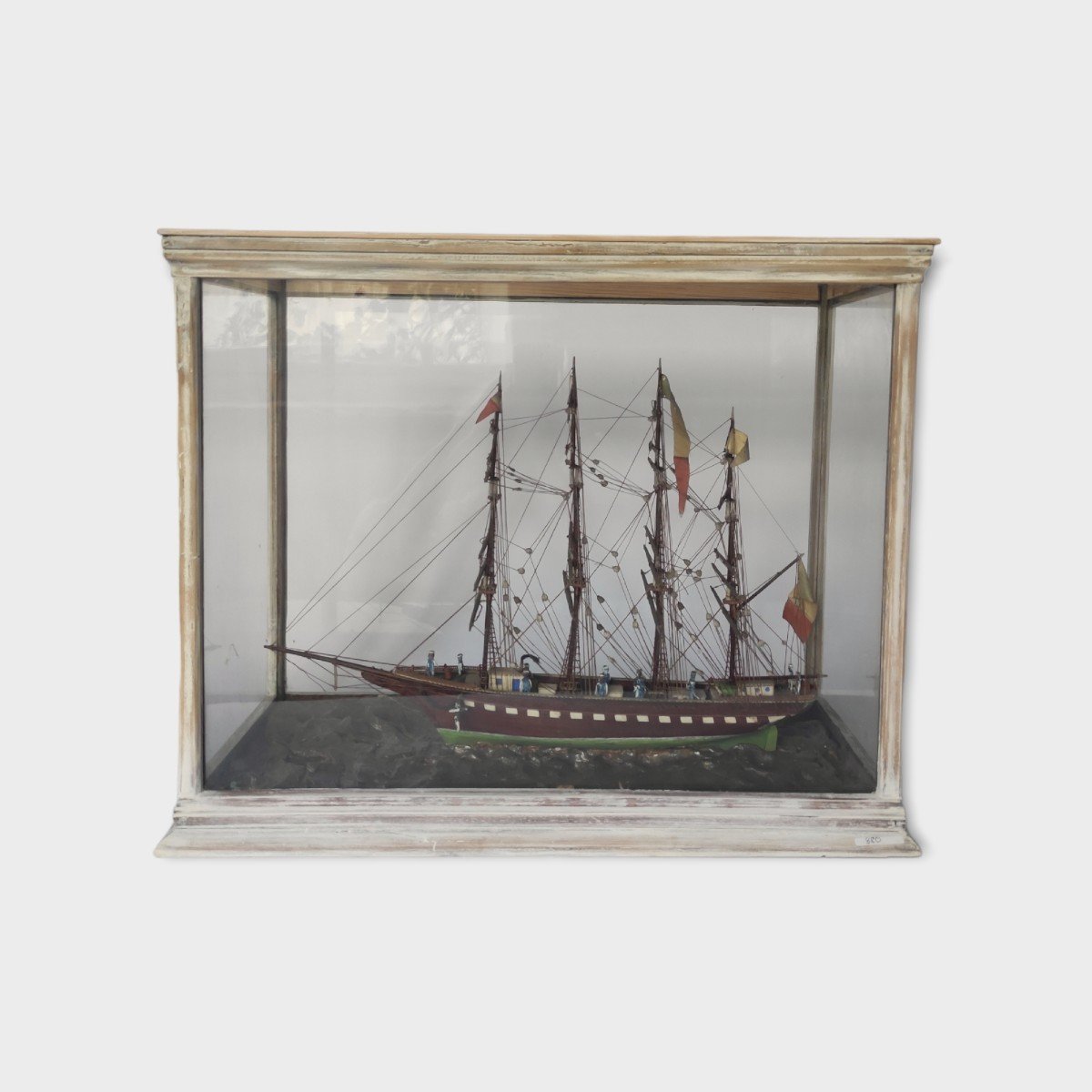 Barque Four-masted Boat Model With Sailors. Original Showcase. Diorama Late 19th Century.-photo-1