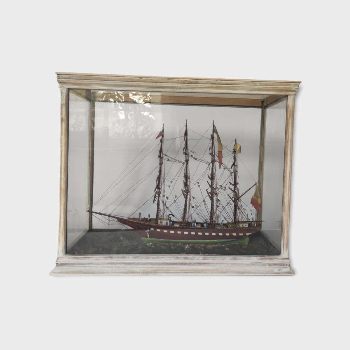 Barque Four-masted Boat Model With Sailors. Original Showcase. Diorama Late 19th Century.-photo-3