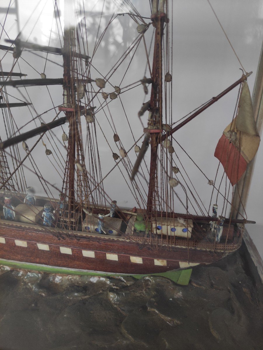 Barque Four-masted Boat Model With Sailors. Original Showcase. Diorama Late 19th Century.-photo-4