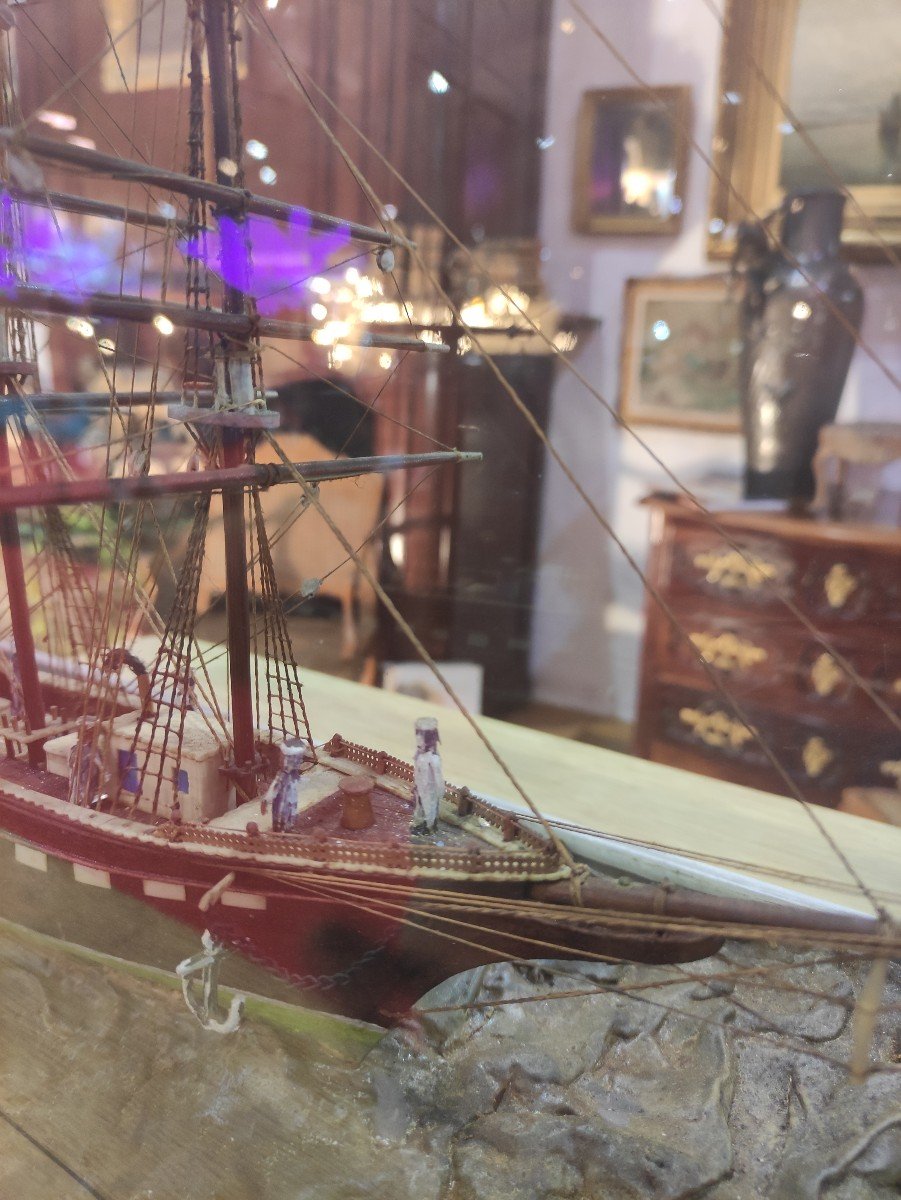 Barque Four-masted Boat Model With Sailors. Original Showcase. Diorama Late 19th Century.-photo-5