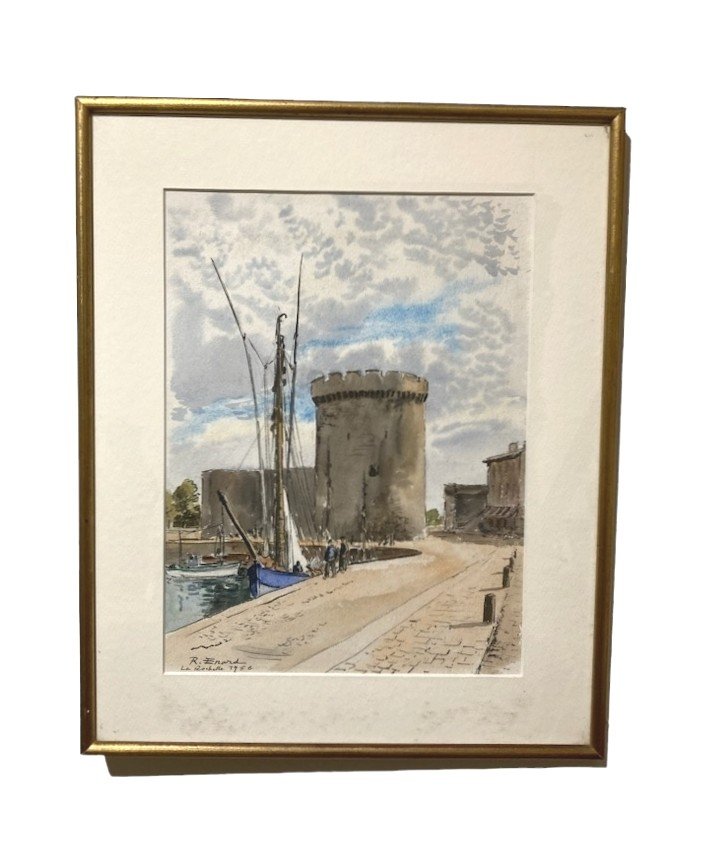 Raymond Enard (1902-1982). Watercolor. Saint Nicolas Tower. La Rochelle. 1956