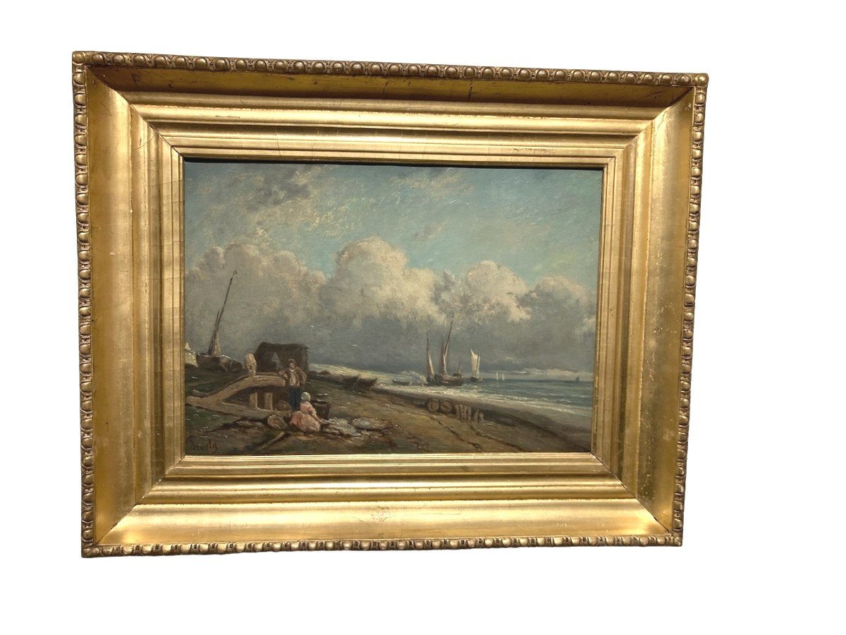 Arnold. Oil On Canvas. Marine.children On The Strike & Sailboats. Signed Lower Left. Around 1880