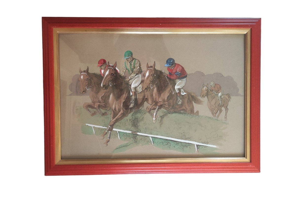 Péchaubes Eugene (1890-1967). Course de Chevaux. Saut De Haies. Pastel Aquarellé Sur Papier . -photo-3