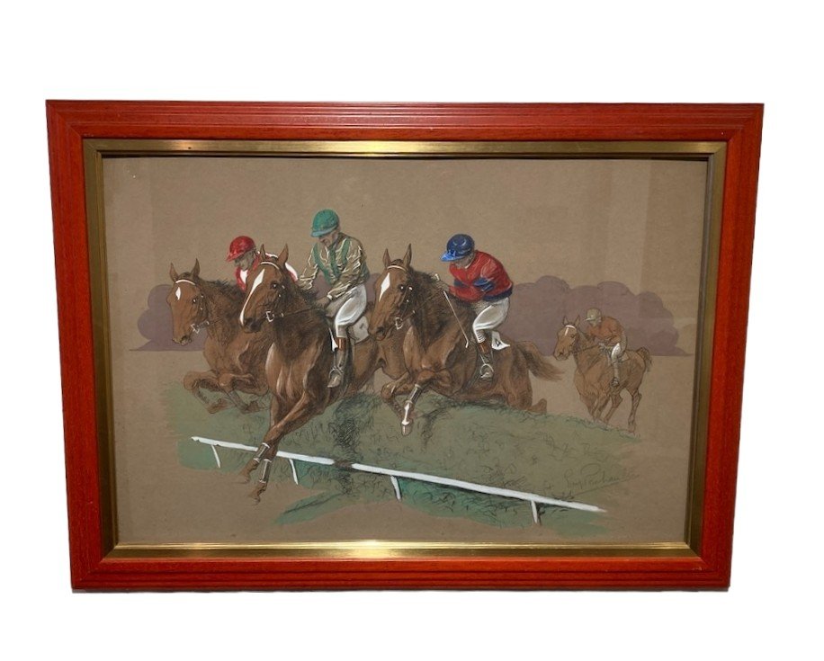Pechaubes Eugene (1890-1967). Horses Race. Jumping Hurdles. Watercolor Pastel On Paper.