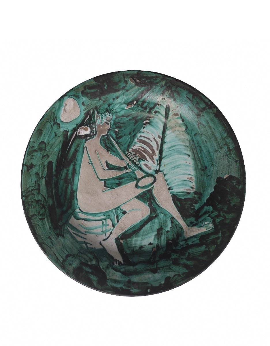 Robert Picault (1919-2000). The Faun Musician. Stanniferous Earthenware Dish. D 40.3cm