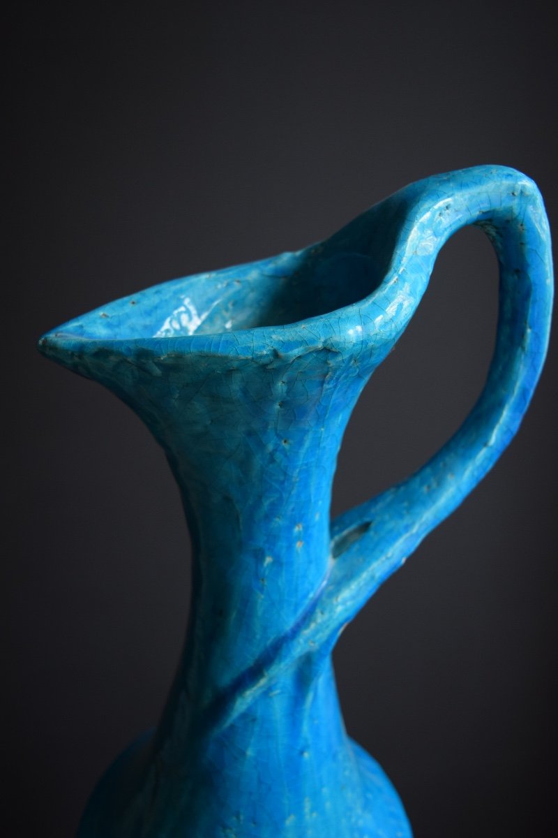 Lachenal. Blue Ewer In Art Nouveau Style. H 43.2 Cm. Circa 1890-photo-2