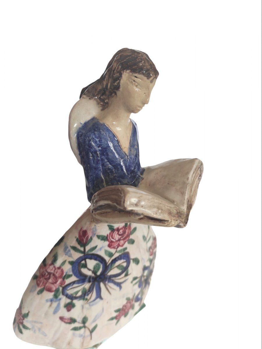 Edouard Cazaux. La Liseuse. Sculpture En Céramique Polychrome . H 29,5 Cm-photo-2