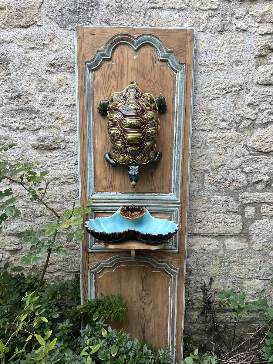 Sarreguemines fontaine tortue et vasque majolique 913 circa 1885 Art Nouveau  tortue H50 cm -photo-1