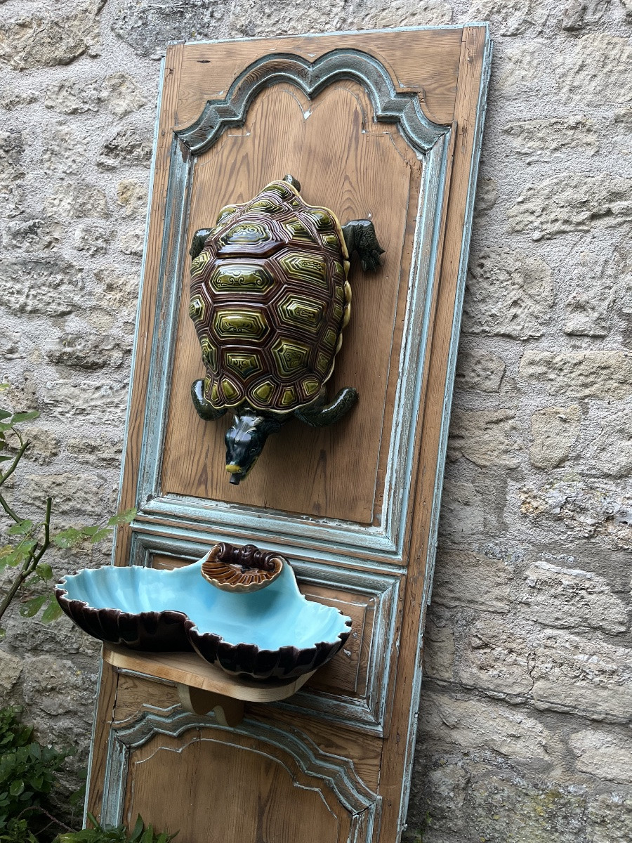 Sarreguemines fontaine tortue et vasque majolique 913 circa 1885 Art Nouveau  tortue H50 cm -photo-2