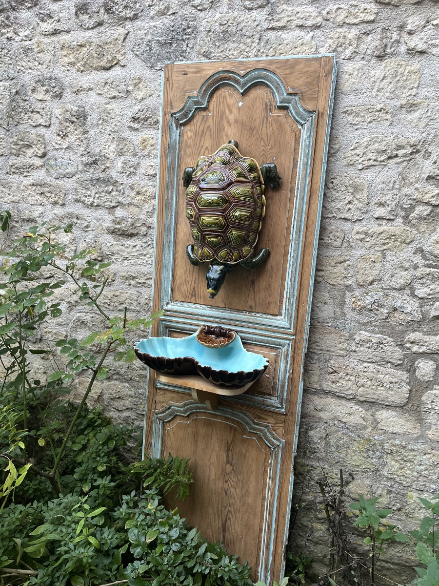 Sarreguemines fontaine tortue et vasque majolique 913 circa 1885 Art Nouveau  tortue H50 cm -photo-3