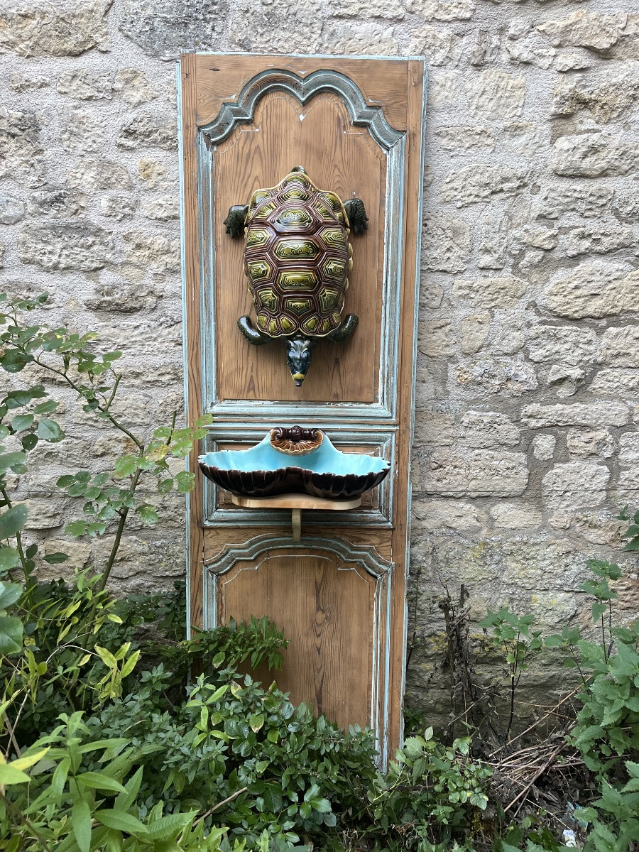 Sarreguemines fontaine tortue et vasque majolique 913 circa 1885 Art Nouveau  tortue H50 cm -photo-4