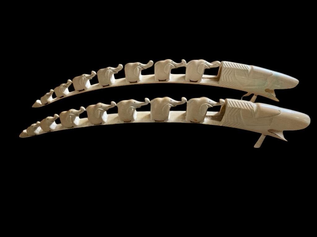 Pair Of Elephant Ivory Tusks. Seven Elephants And A Crocodile's Mouth. Length 77cm. Cites-photo-2