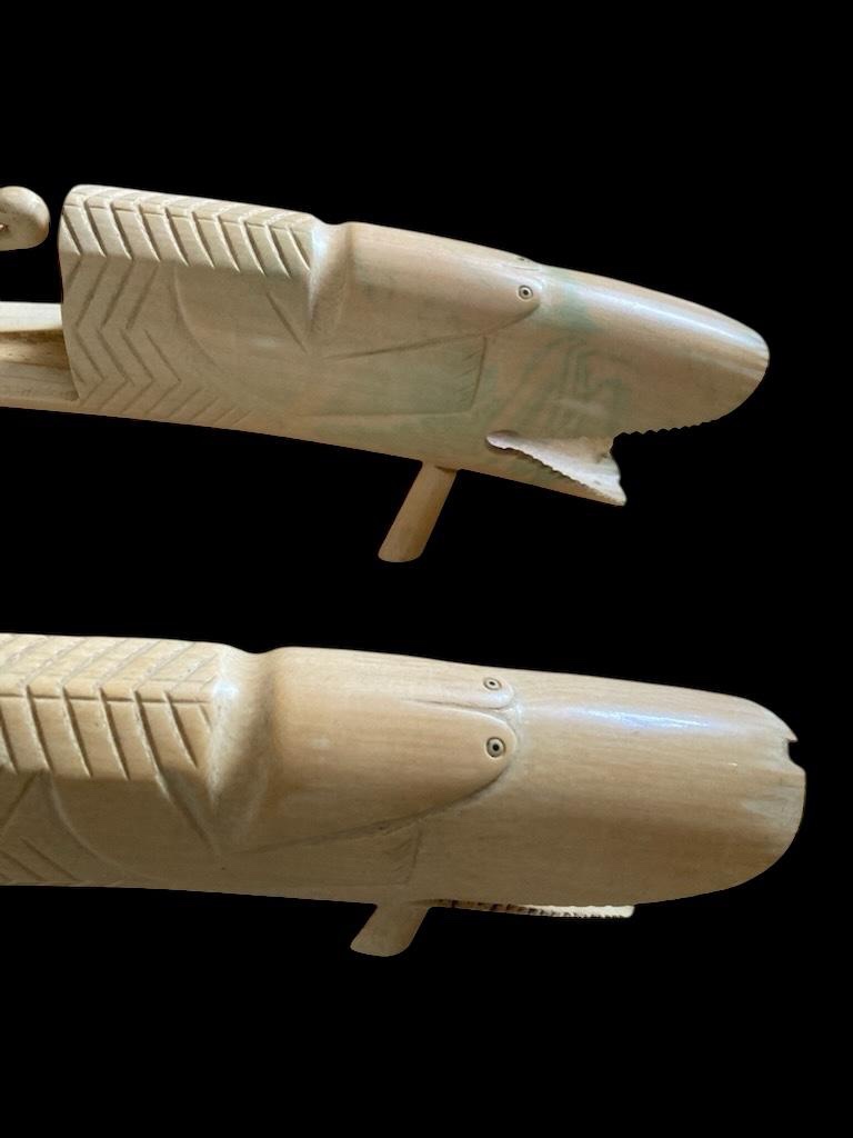 Pair Of Elephant Ivory Tusks. Seven Elephants And A Crocodile's Mouth. Length 77cm. Cites-photo-1