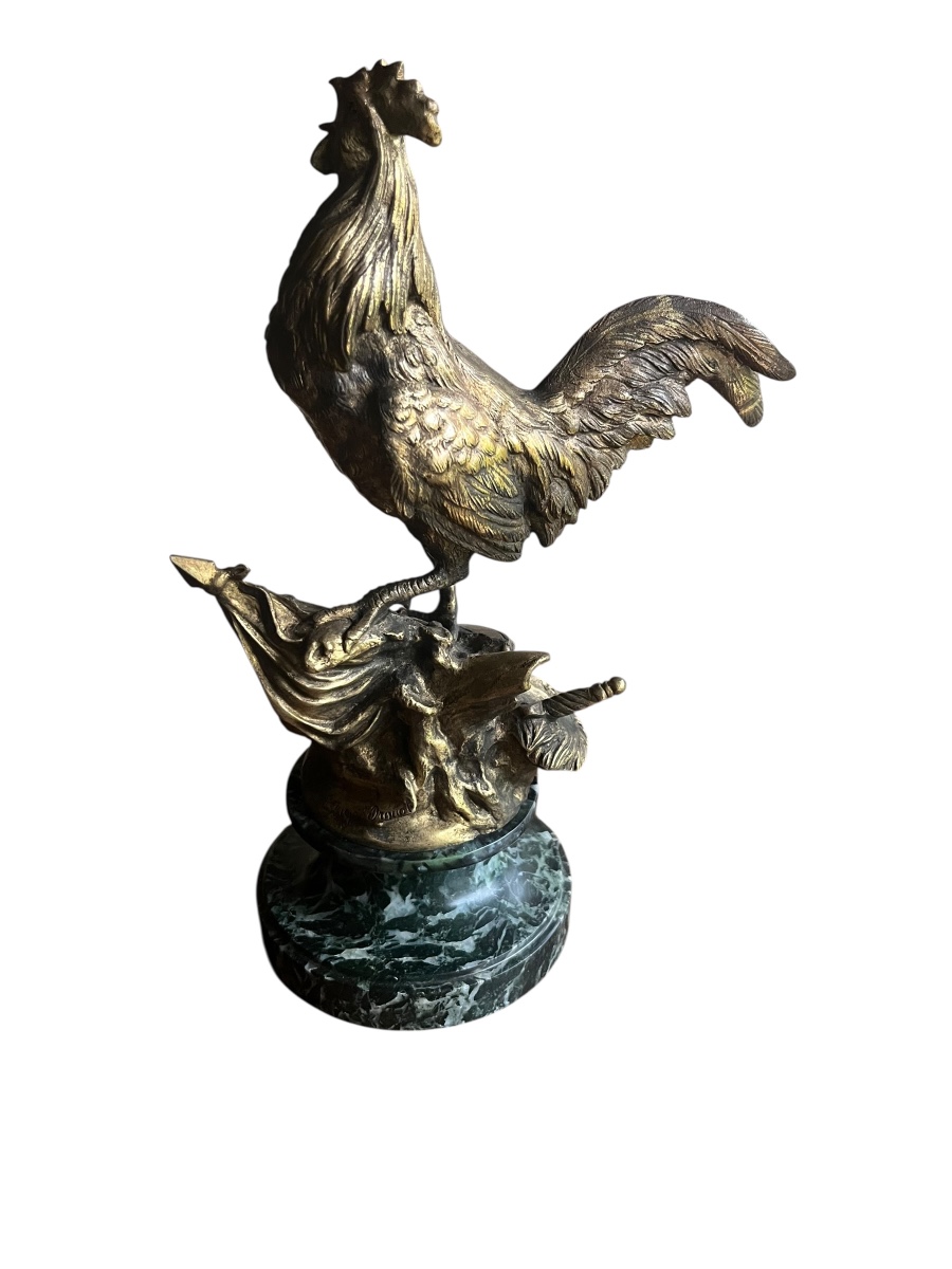 "the French Rooster", A. Comte Du Passage & Drouot, Bronze On Green Marble, H 29 Cm, 19th Century-photo-2