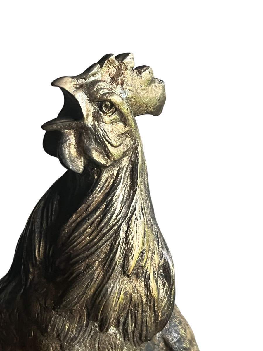 "the French Rooster", A. Comte Du Passage & Drouot, Bronze On Green Marble, H 29 Cm, 19th Century-photo-1
