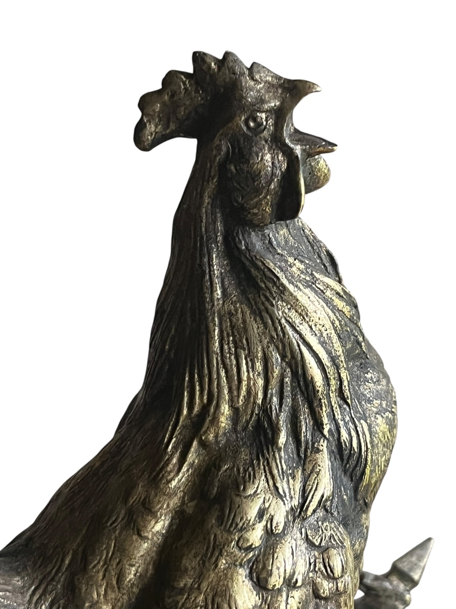 "the French Rooster", A. Comte Du Passage & Drouot, Bronze On Green Marble, H 29 Cm, 19th Century-photo-2