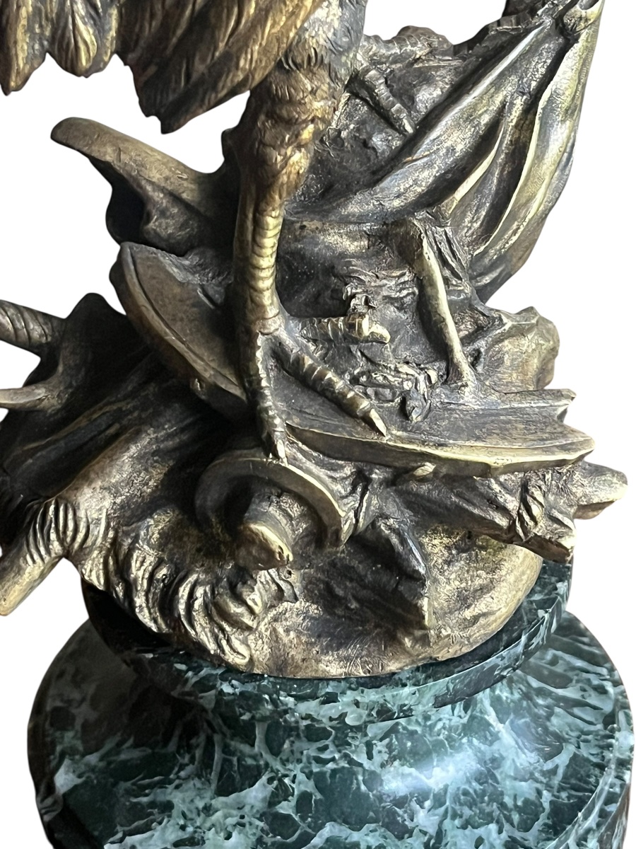 "the French Rooster", A. Comte Du Passage & Drouot, Bronze On Green Marble, H 29 Cm, 19th Century-photo-3