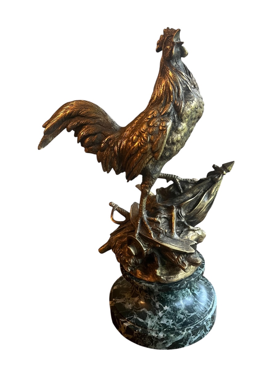 "the French Rooster", A. Comte Du Passage & Drouot, Bronze On Green Marble, H 29 Cm, 19th Century-photo-7