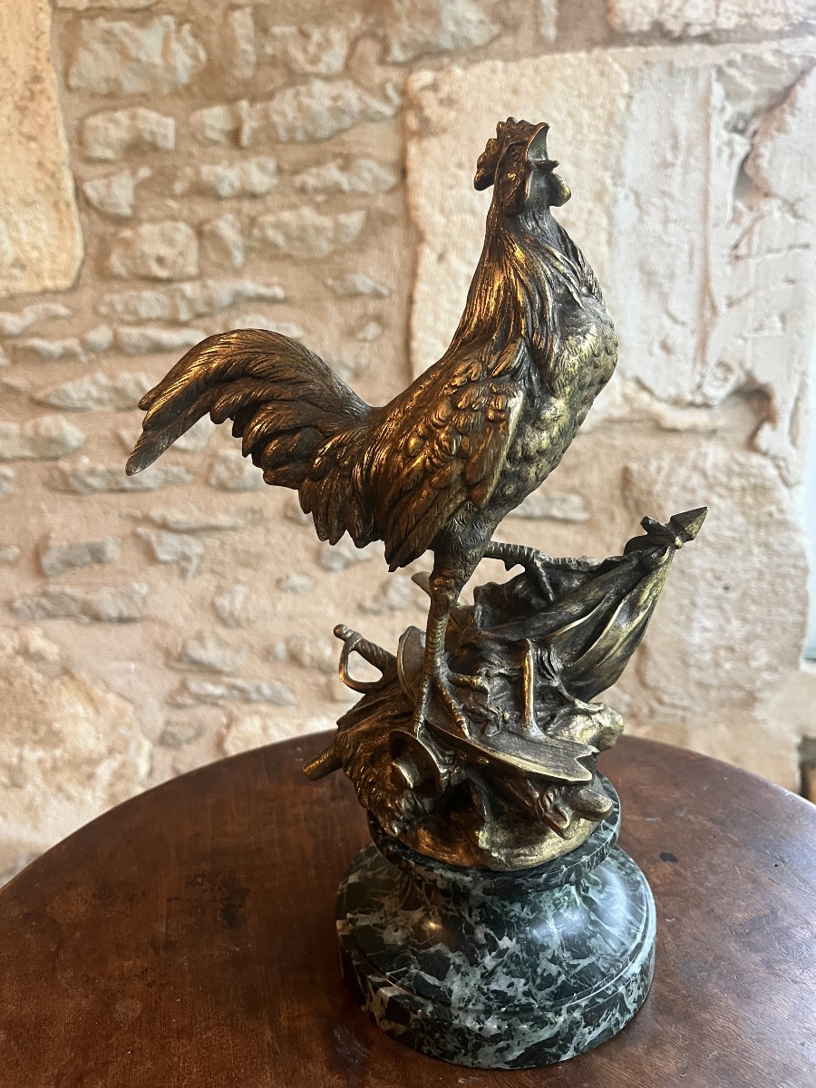 "the French Rooster", A. Comte Du Passage & Drouot, Bronze On Green Marble, H 29 Cm, 19th Century-photo-5