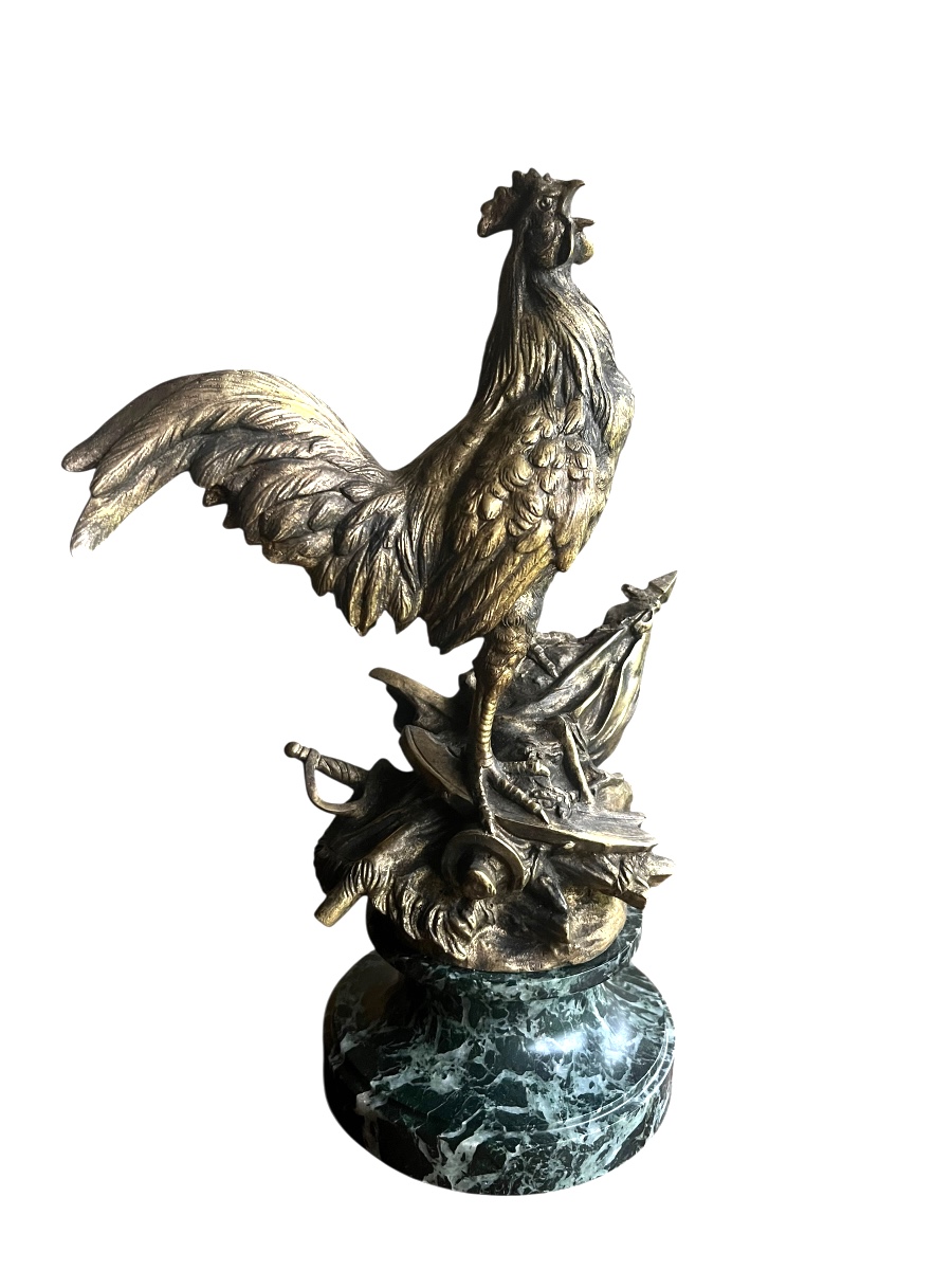 "the French Rooster", A. Comte Du Passage & Drouot, Bronze On Green Marble, H 29 Cm, 19th Century