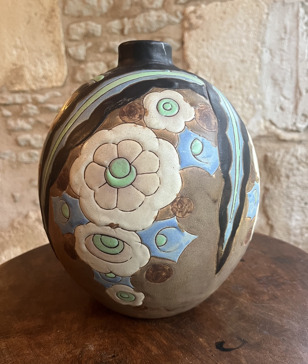Charles Catteau Boch Frère La Louvière Grès Kéramis Circa 1928 Vase . H 23.5 Cm -photo-2