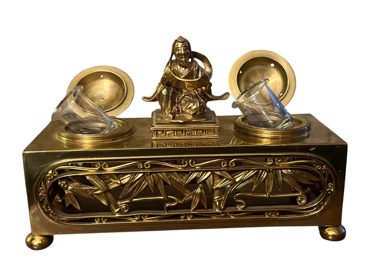 A.Giroux Paris. Encrier en bronze doré. Au chinois lettré dragons & Bambous  Bronze Doré . XIX°-photo-2