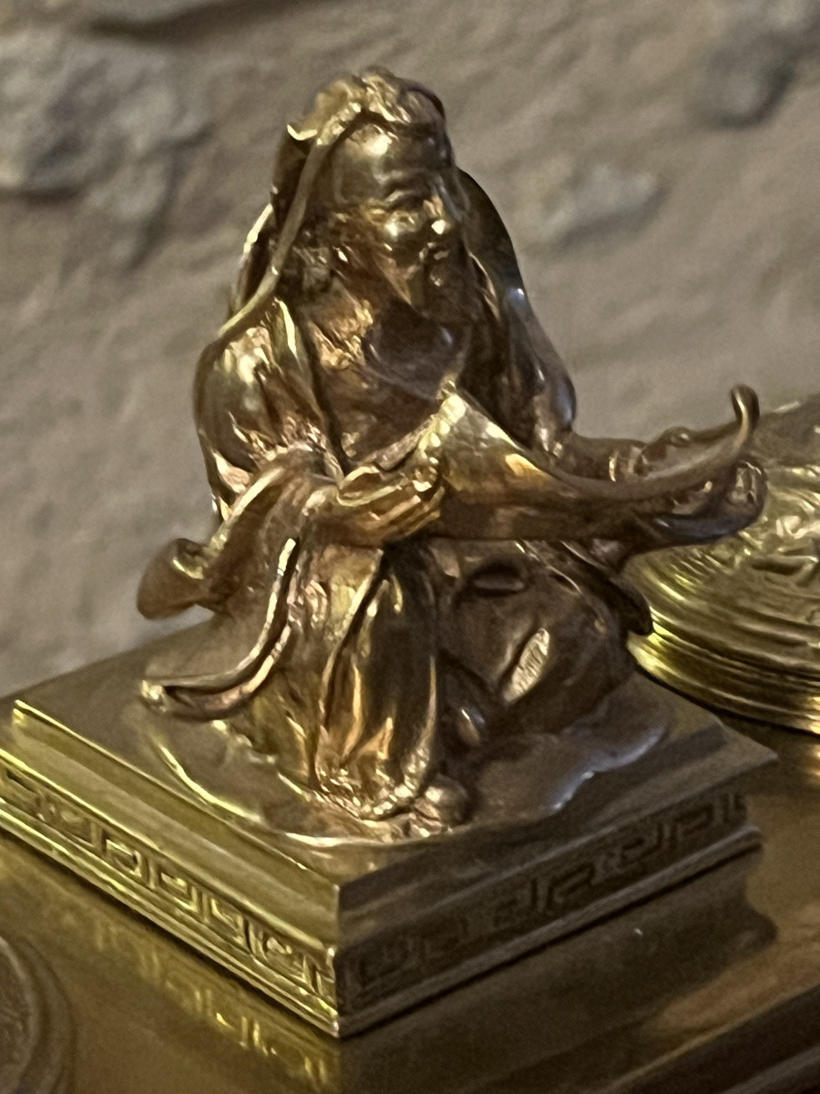 A.Giroux Paris. Encrier en bronze doré. Au chinois lettré dragons & Bambous  Bronze Doré . XIX°-photo-7