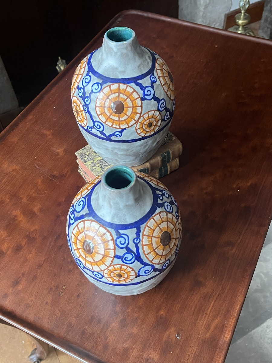 L. Dage (1885-1961). Pair Of Art Deco Vases. Stoneware With Polychrome Floral Decoration. -photo-1