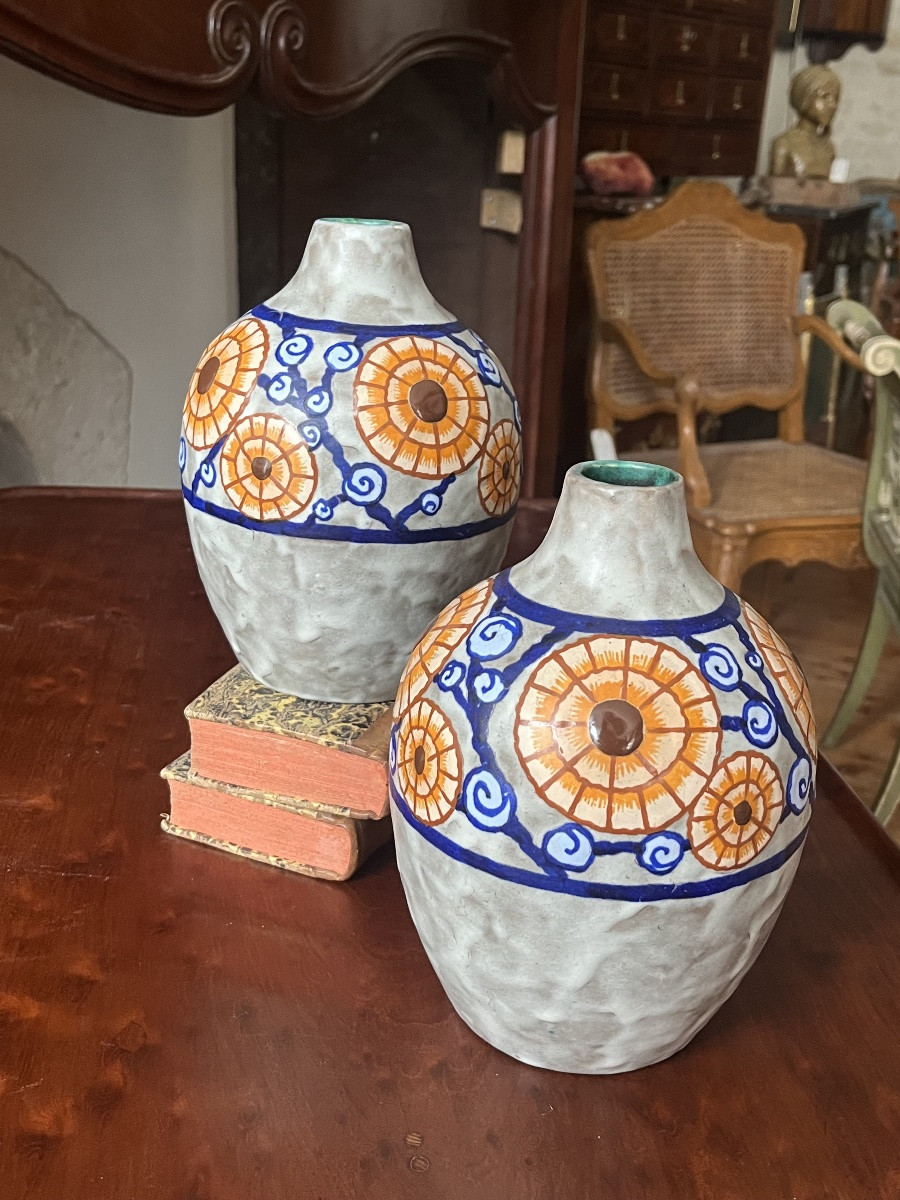 L. Dage (1885-1961). Pair Of Art Deco Vases. Stoneware With Polychrome Floral Decoration. -photo-2