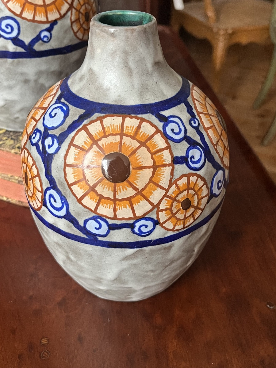 L. Dage (1885-1961). Pair Of Art Deco Vases. Stoneware With Polychrome Floral Decoration. -photo-3