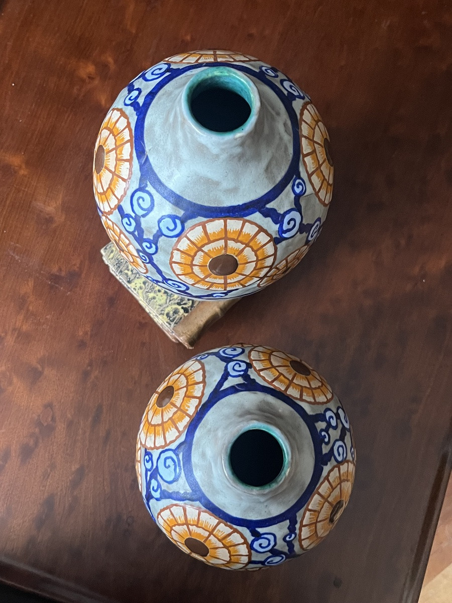 L. Dage (1885-1961). Pair Of Art Deco Vases. Stoneware With Polychrome Floral Decoration. -photo-4