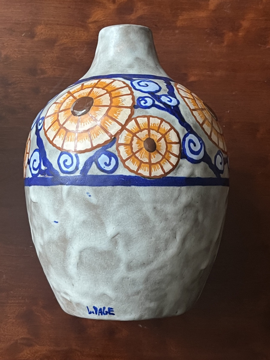 L. Dage (1885-1961). Pair Of Art Deco Vases. Stoneware With Polychrome Floral Decoration. -photo-6