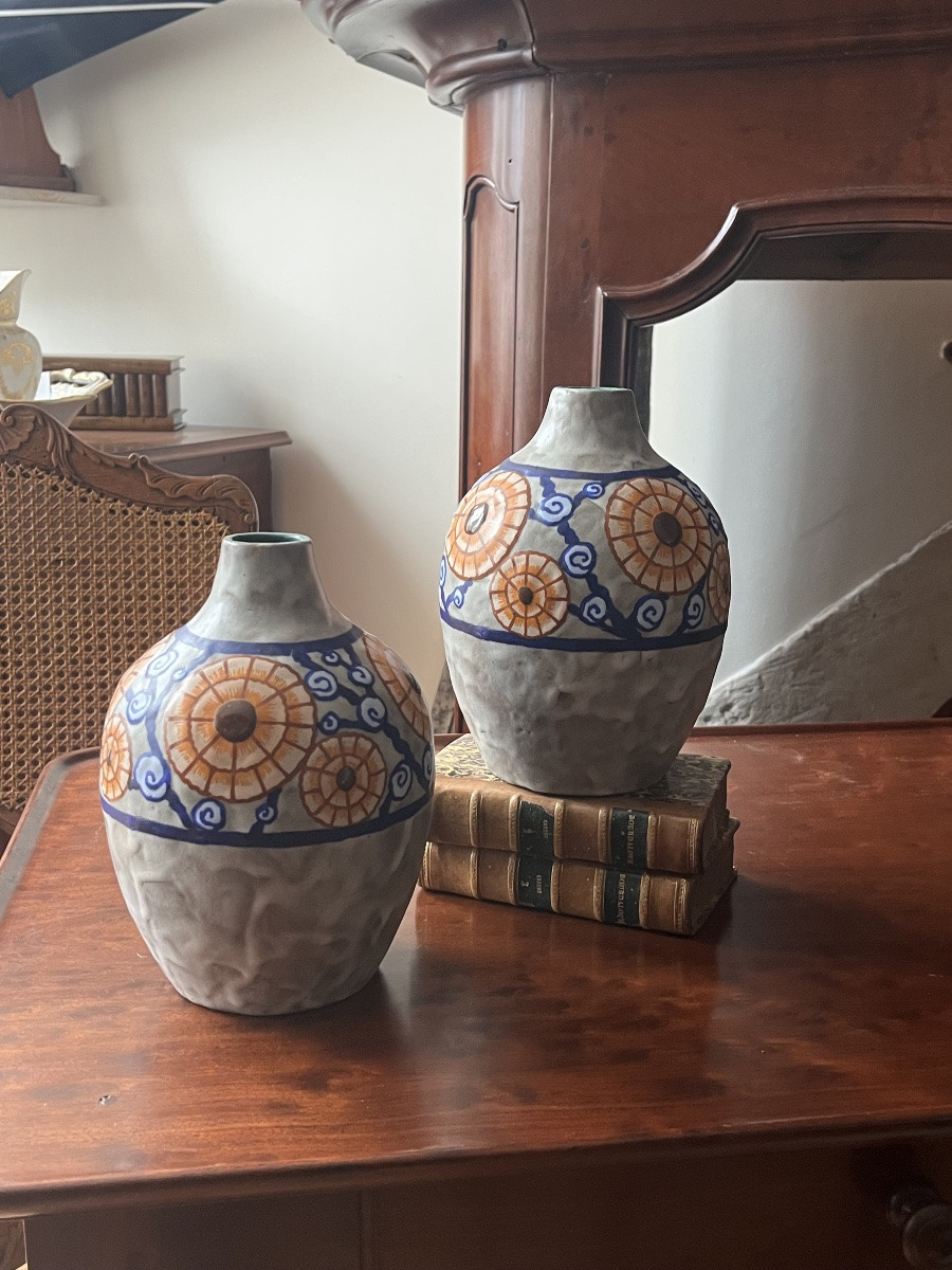 L. Dage (1885-1961). Pair Of Art Deco Vases. Stoneware With Polychrome Floral Decoration. -photo-7