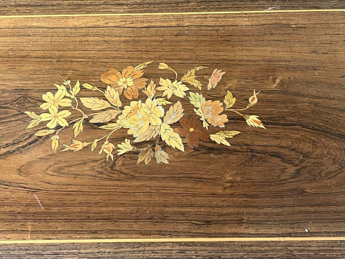 Marquetry Worktable Decorated With A Bouquet Of Roses. Louis XVI Style. 19th Century. -photo-1