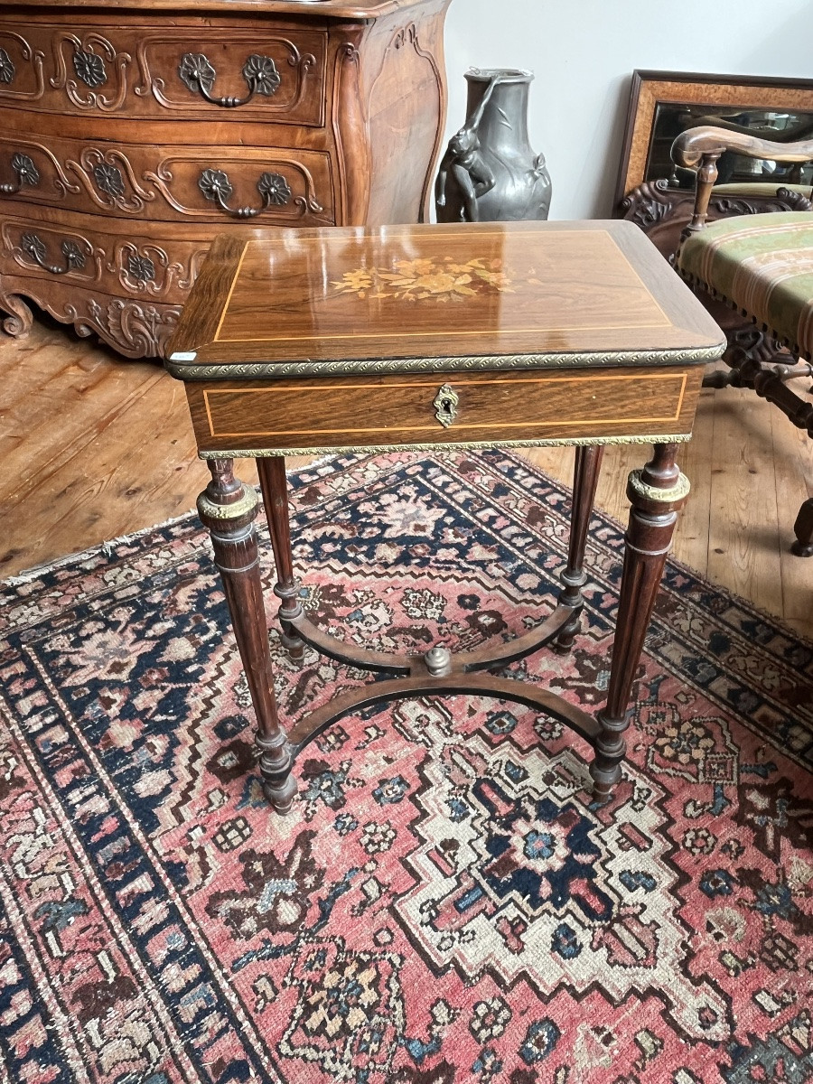 Marquetry Worktable Decorated With A Bouquet Of Roses. Louis XVI Style. 19th Century. -photo-2