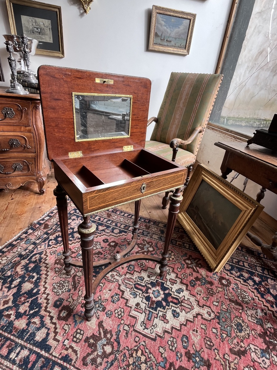 Marquetry Worktable Decorated With A Bouquet Of Roses. Louis XVI Style. 19th Century. -photo-3