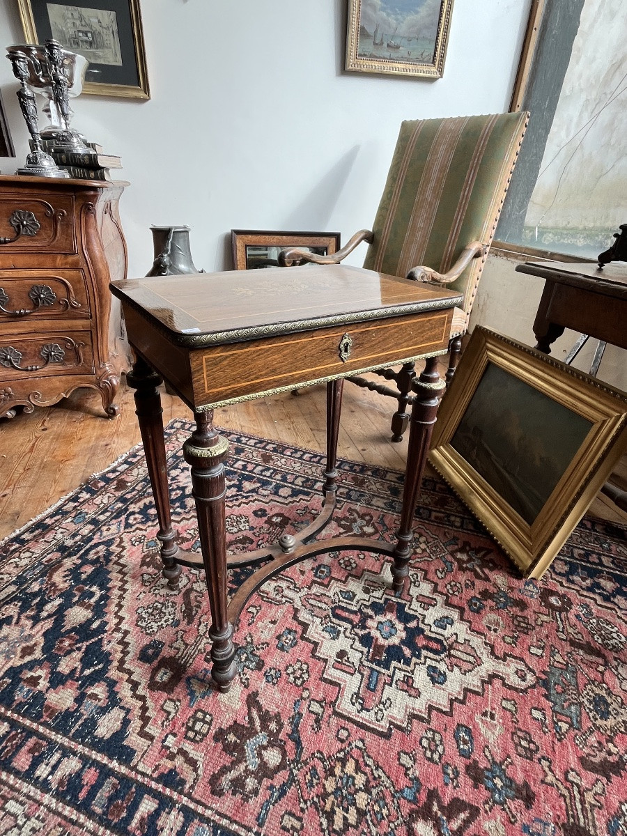 Marquetry Worktable Decorated With A Bouquet Of Roses. Louis XVI Style. 19th Century. -photo-5