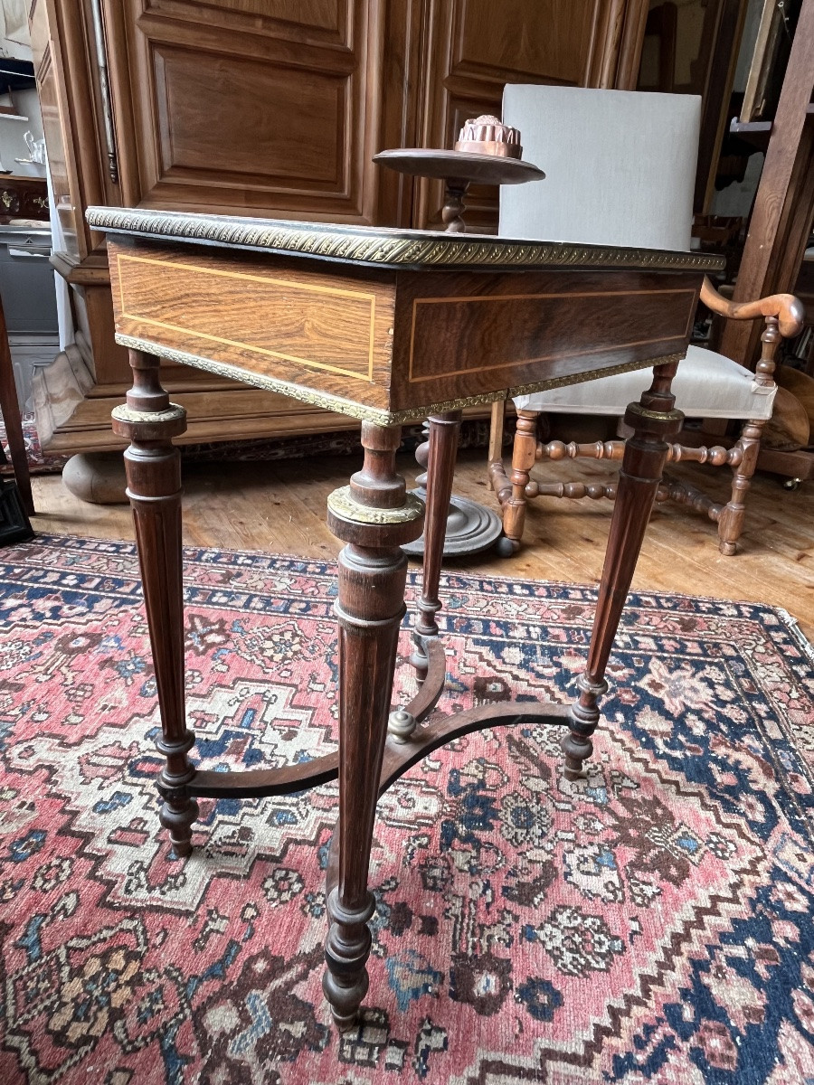 Marquetry Worktable Decorated With A Bouquet Of Roses. Louis XVI Style. 19th Century. -photo-6