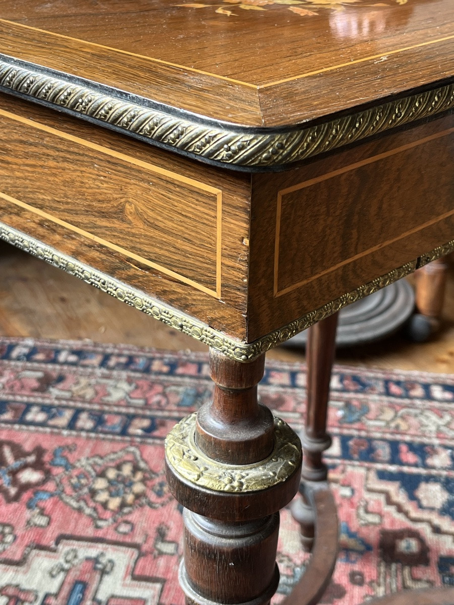 Marquetry Worktable Decorated With A Bouquet Of Roses. Louis XVI Style. 19th Century. -photo-7