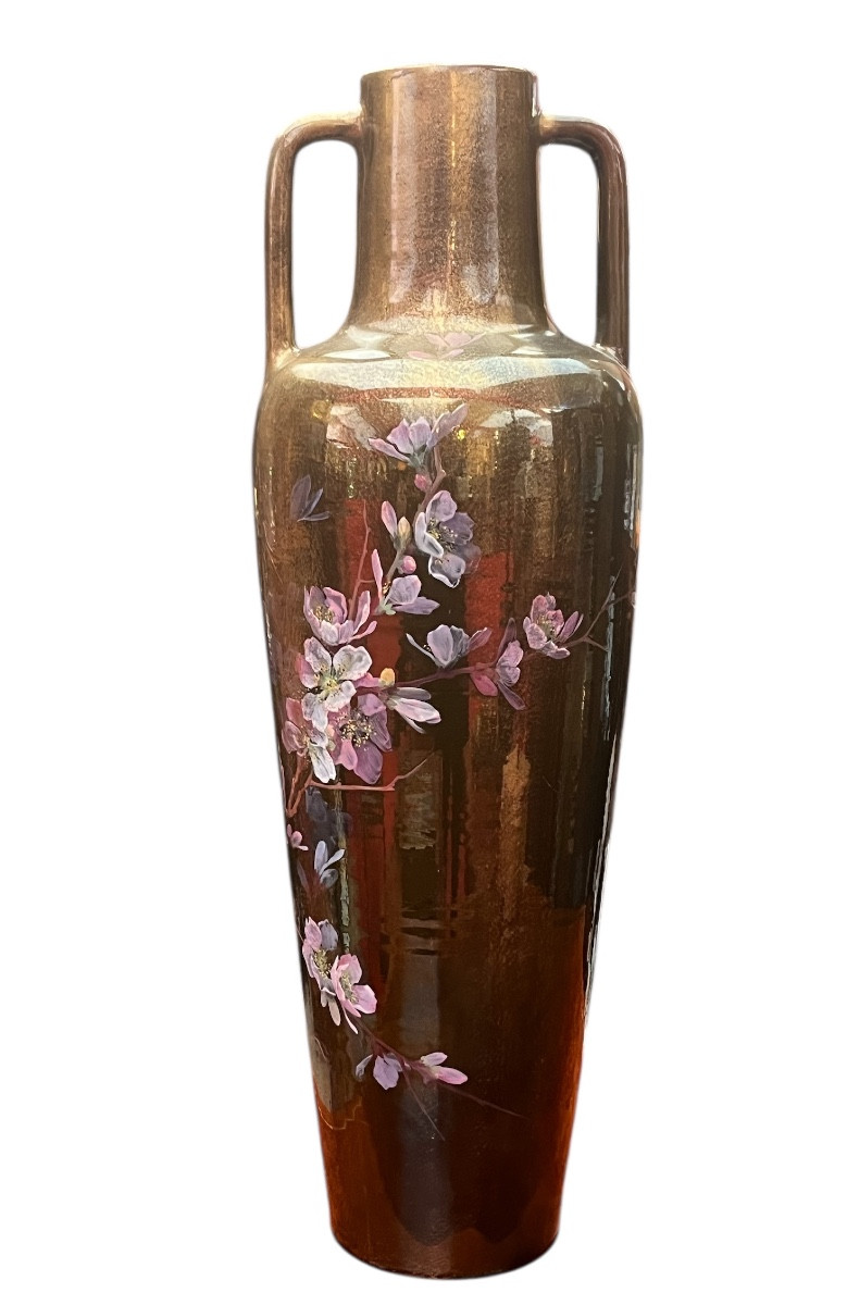 Clément Massier (1844 - 1917) Vase With Flowering Branches. H70 Cm Japonisme, Circa 1900
