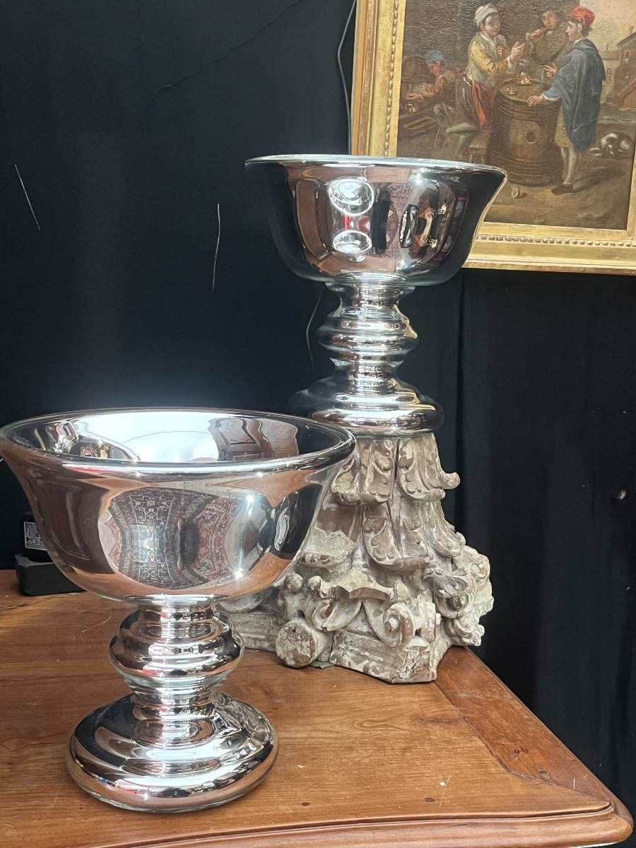 Pair Of Cups. Eglomisé Glass. Height 27.3 Cm. 20th Century. -photo-3