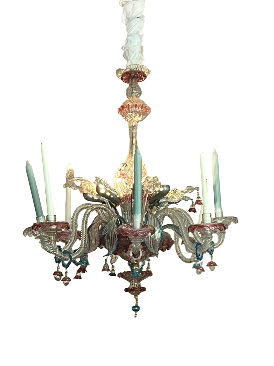 Murano. Two-tiered Polychrome Chandelier Ca Rezzonico . Circa 1950. H 82 Cm-photo-3
