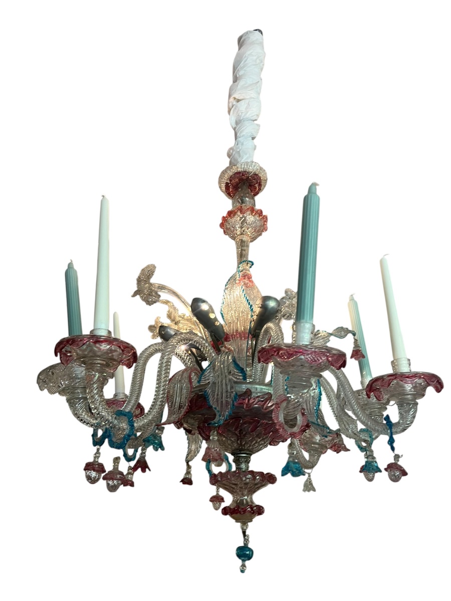 Murano. Two-tiered Polychrome Chandelier Ca Rezzonico . Circa 1950. H 82 Cm-photo-2