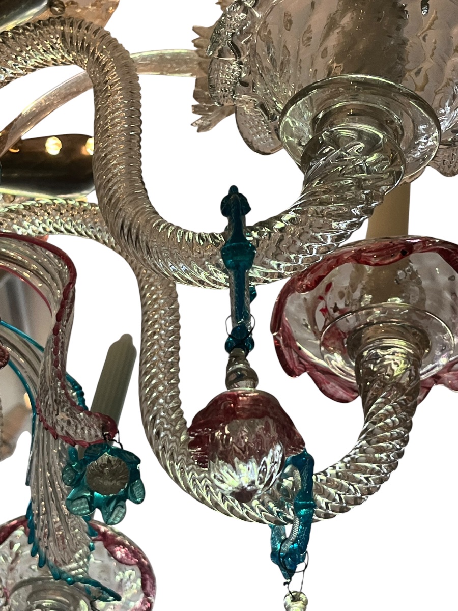 Murano. Two-tiered Polychrome Chandelier Ca Rezzonico . Circa 1950. H 82 Cm-photo-3