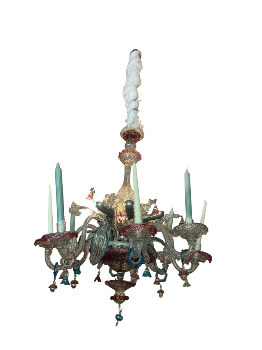 Murano. Two-tiered Polychrome Chandelier Ca Rezzonico . Circa 1950. H 82 Cm-photo-5