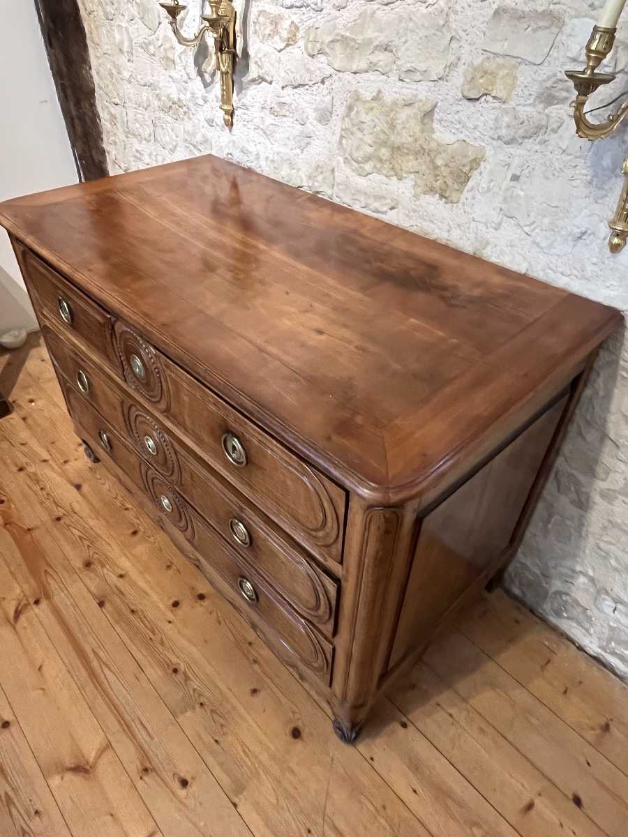 Louis XVI-style Cherry Wood Chest Of Drawers.  Brass Fittings Stamped "la Nation La Loi Le Roi" L 134 Cm-photo-4