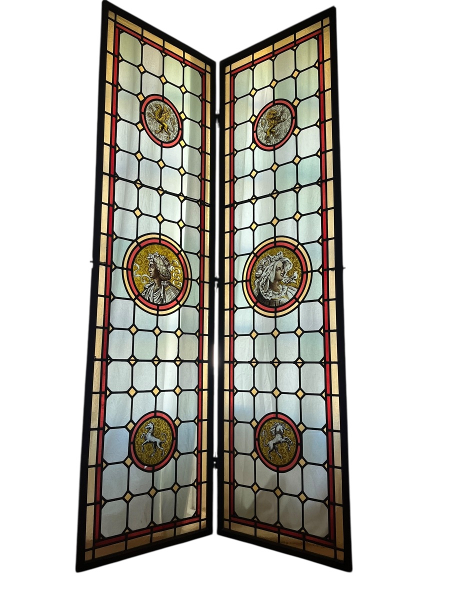 Pair Of Renaissance  Stained-glass Windows With Medallions, Late 19th Century, H 207 Cm-photo-2